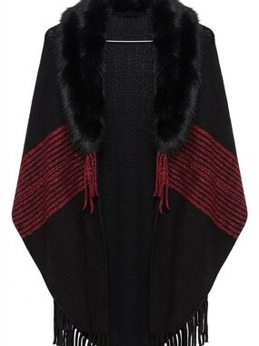 Black and Burgundy Faux Fur-Trim Knit Poncho Sweater